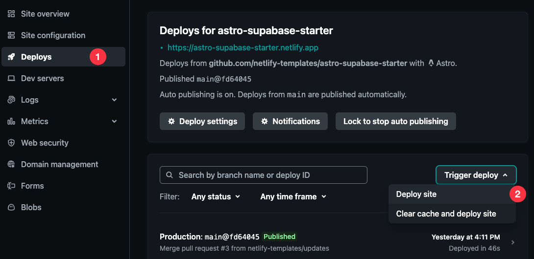 Supabase Netlify extension configuration